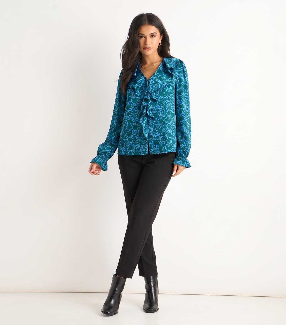 Gini London Women's Dark Blue Floral Ruffle Blouse Gini London New Look