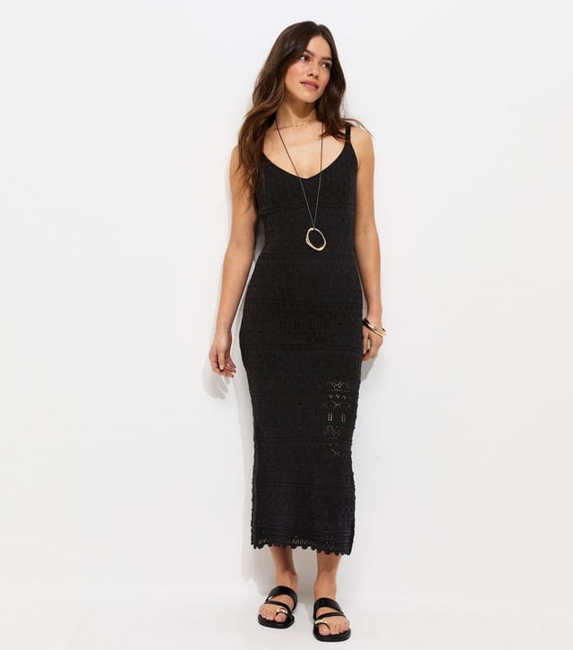 New Look Women's Petite Black Pointelle Knit V Neck Midi Dress New Look - 2
