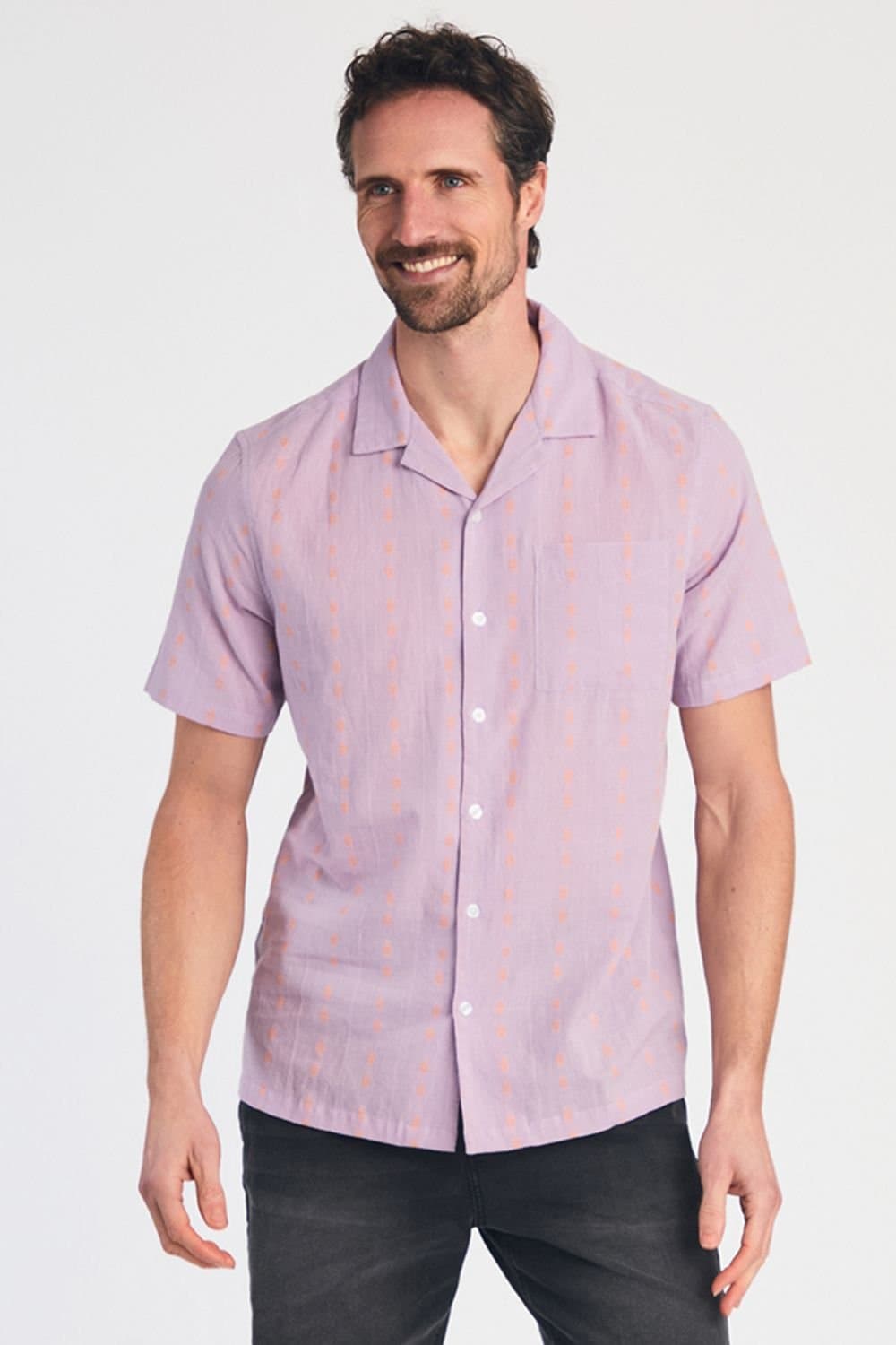 Tokyo Laundry Tokyo Laundry Men's Cotton Short Sleeve Seersucker Embroidered Shirt in Purple