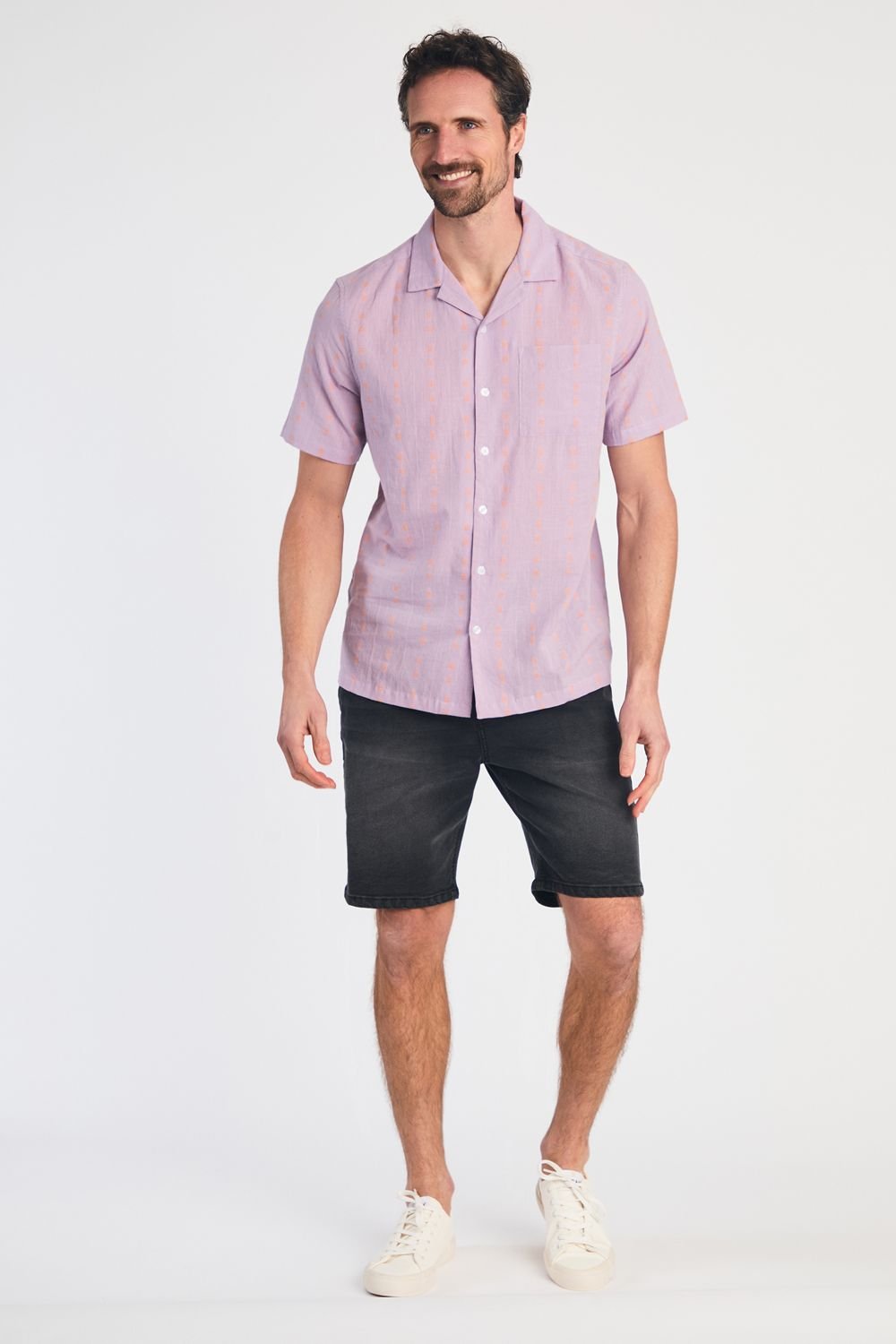 Tokyo Laundry Tokyo Laundry Men's Cotton Short Sleeve Seersucker Embroidered Shirt in Purple - 3