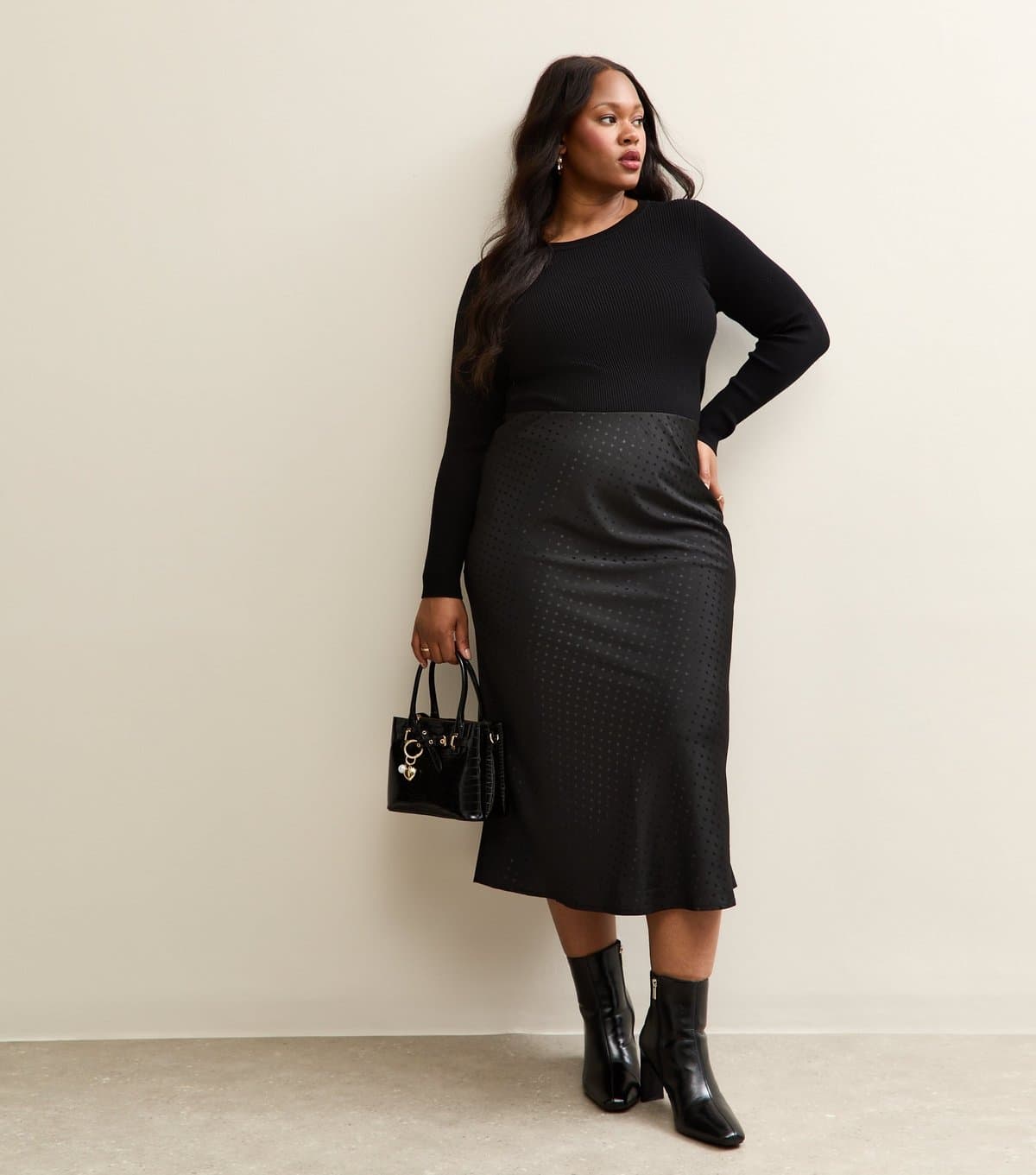 New Look Women's Plus Size Black Satin Bias Cut Spot Midi Skirt Curves New Look