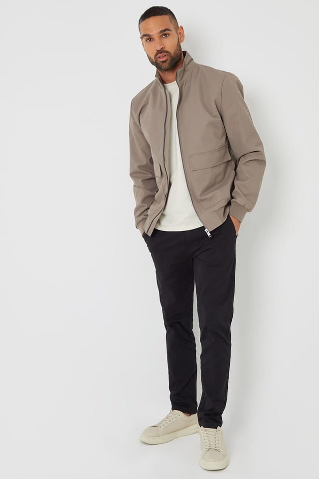 Threadbare Threadbare Men's Patch Pocket Funnel Neck Harrington Style Jacket in Taupe - 3
