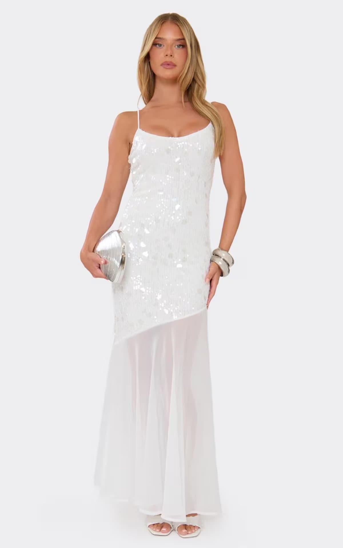EGO Strappy Asymmetrical Dropped Waist Maxi Dress In White Sequin, Women's Size UK 6