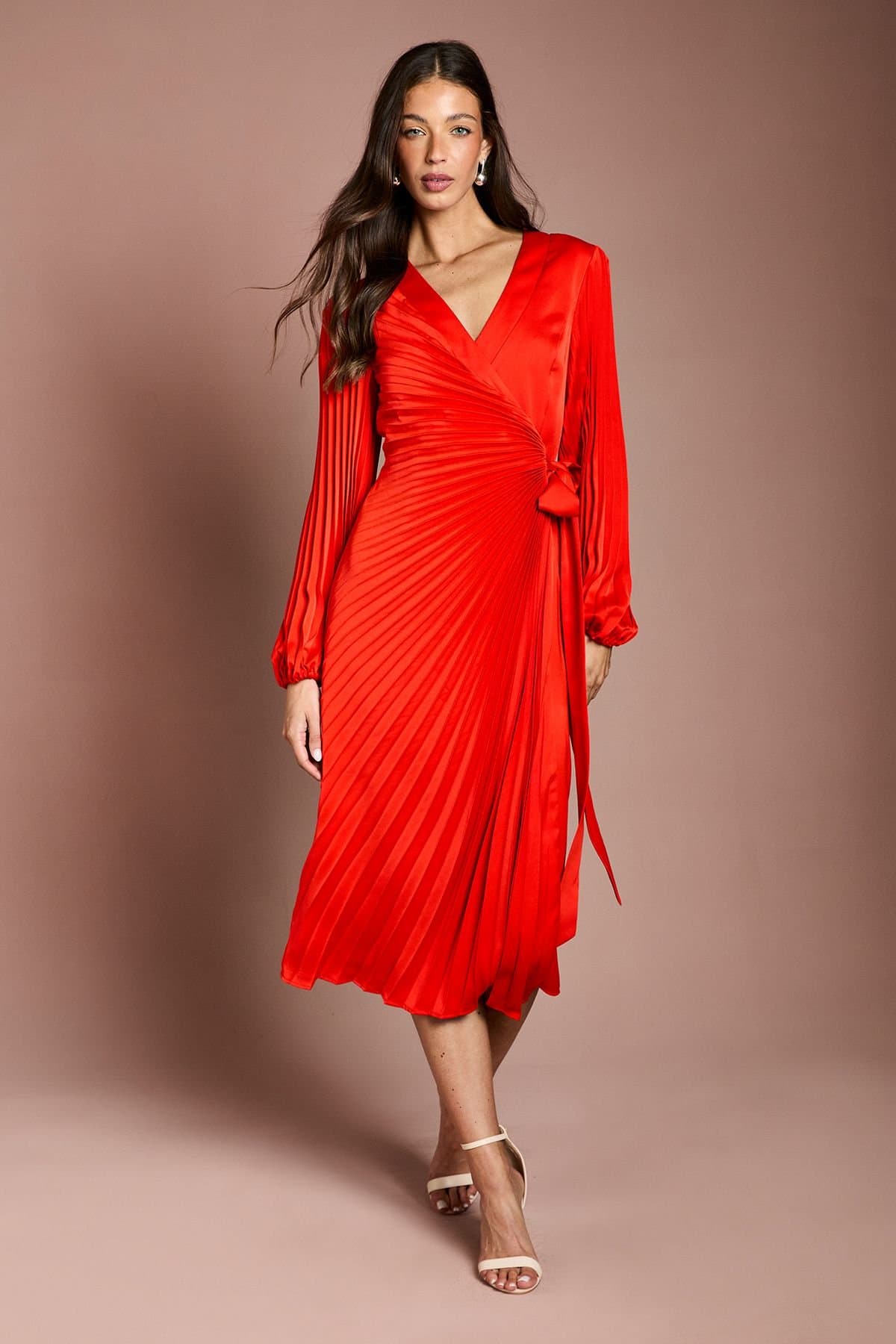 Coast Coast Women's Satin Pleated Wrap Dress in Flame Red