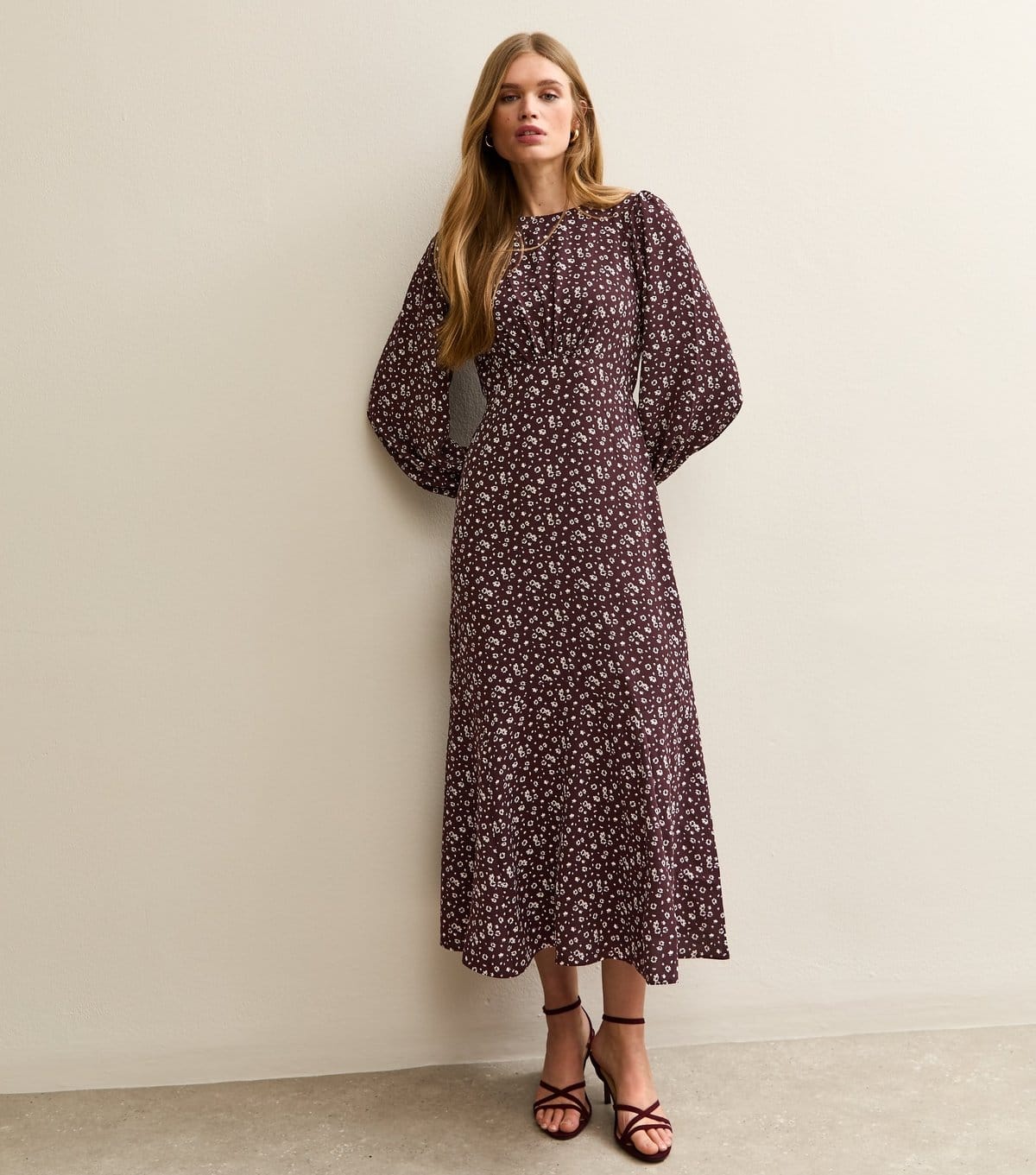 New Look Burgundy Floral Midi Dress