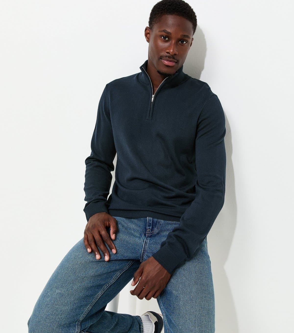 New Look Men's Navy Slim Fit Quarter Zip Funnel Neck Knitted Jumper New Look