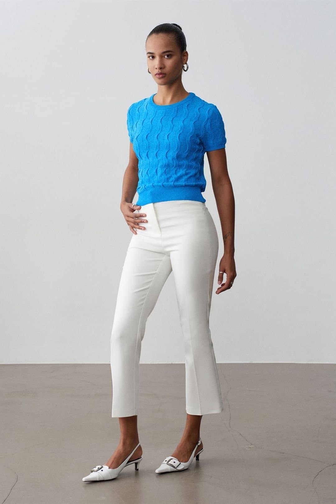 Dilvin Dilvin Women's White High-Waist Flare Capri Trousers