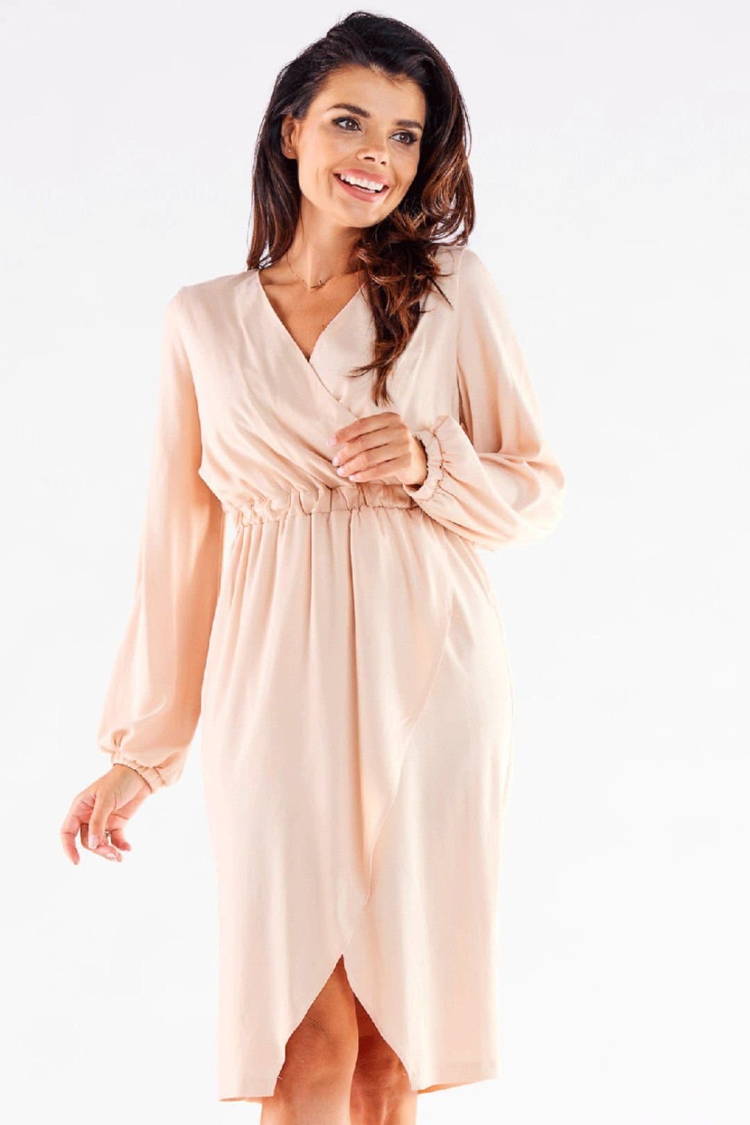 Love Lace Love Lace Women's Feminine Long Sleeve V Neck Slit Cocktail Dress in Beige