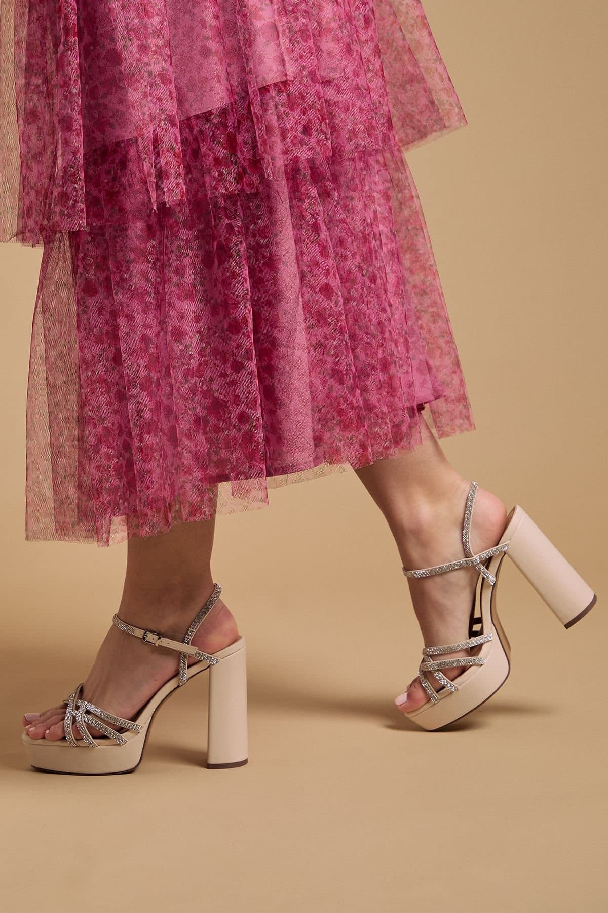 Oasis Oasis Women's Mona Faux Leather Embellished High Block Heel Platform Sandals in Beige