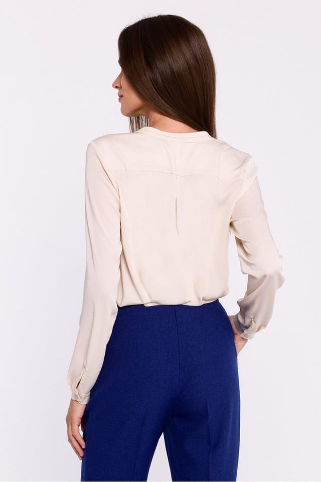 Love Lace Love Lace Women's Elegant Satin Stand Up Collar Blouse with Pocket in Beige - 3