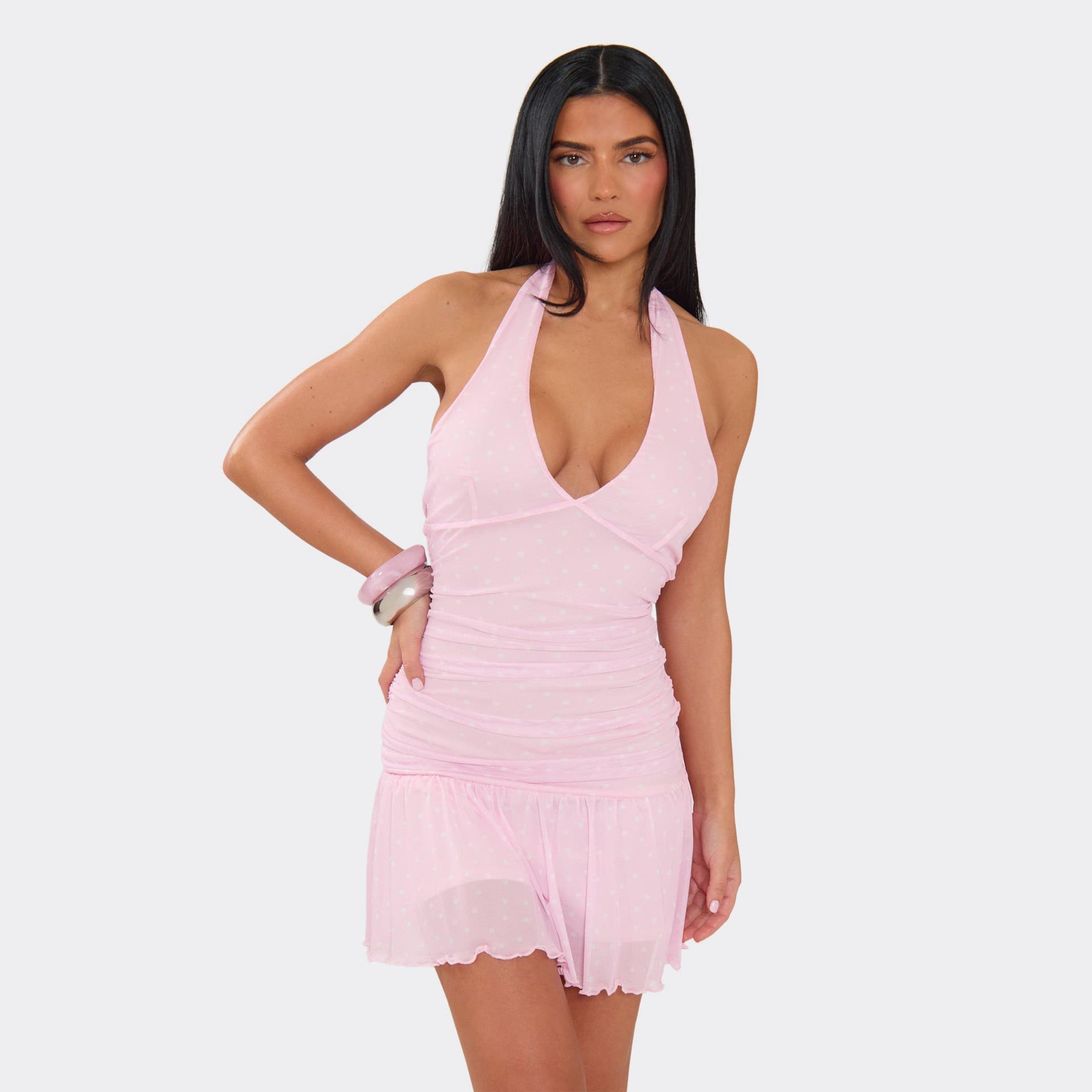EGO Plunge Halterneck Frilled Hem Mini Dress In Pink Polka Dot, Women's Size UK 6