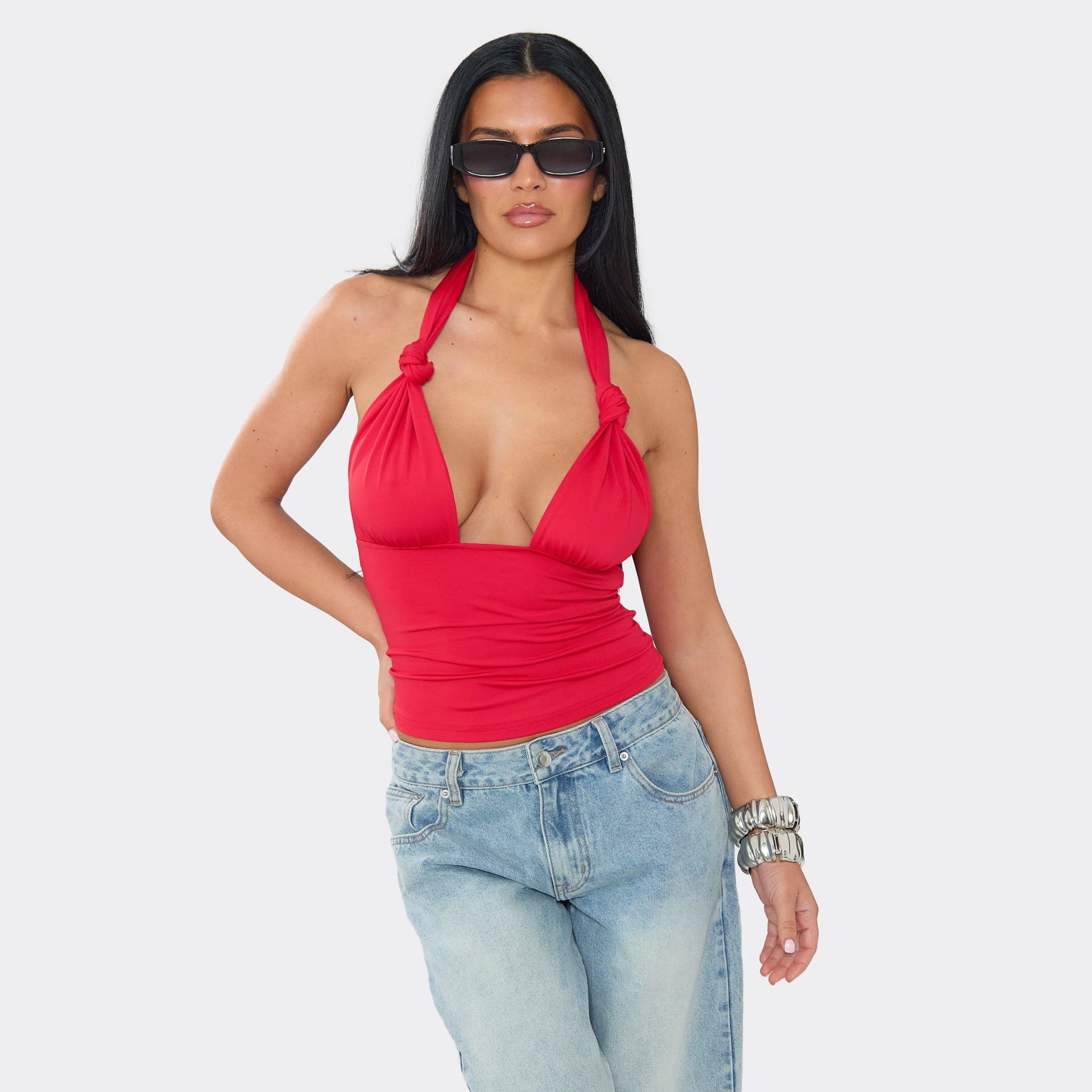 EGO EGO Red Slinky Halterneck Knot Detail Crop Top, Women's