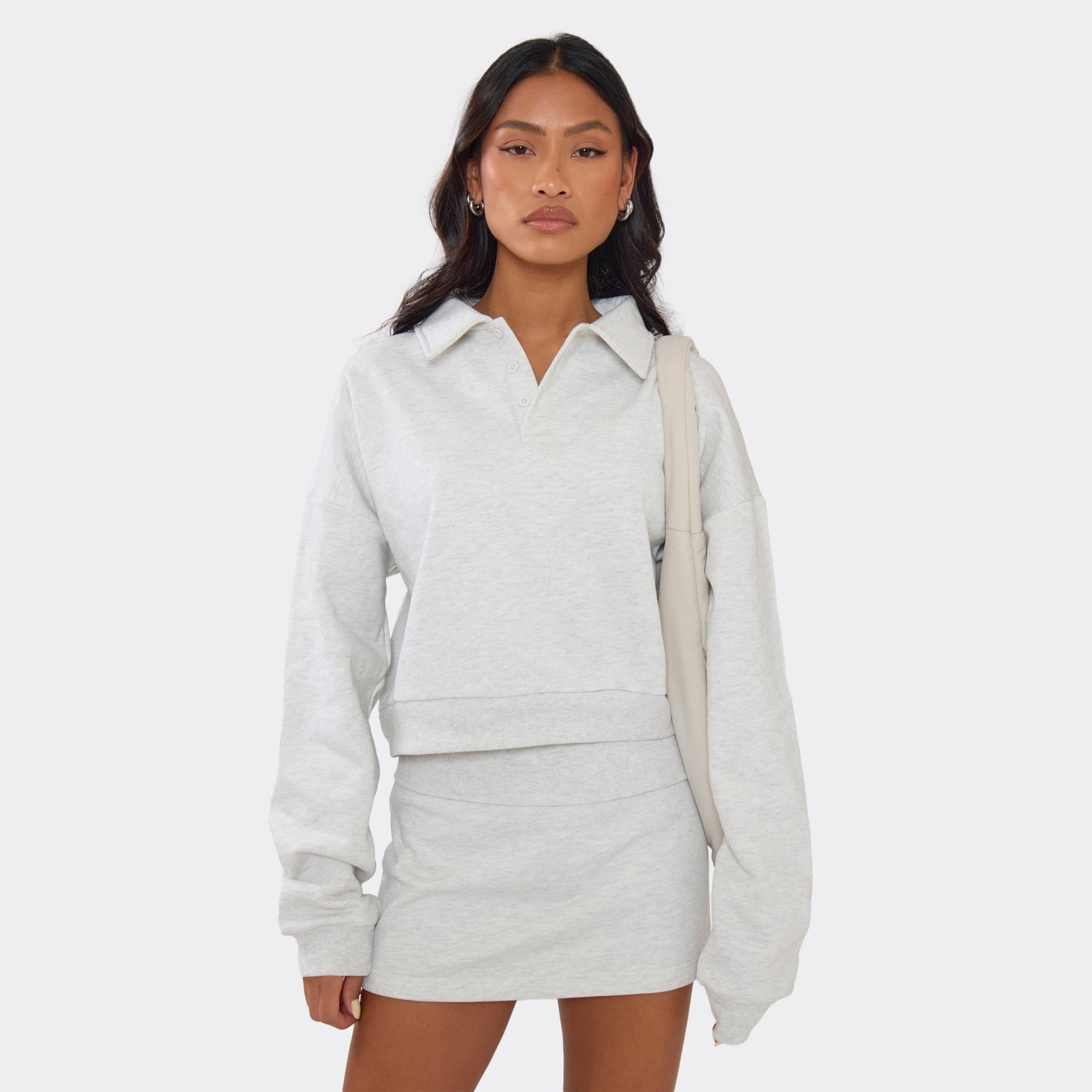 EGO Long Sleeve Boxy Polo Sweatshirt In Light Grey Marl, Women's Size UK 6