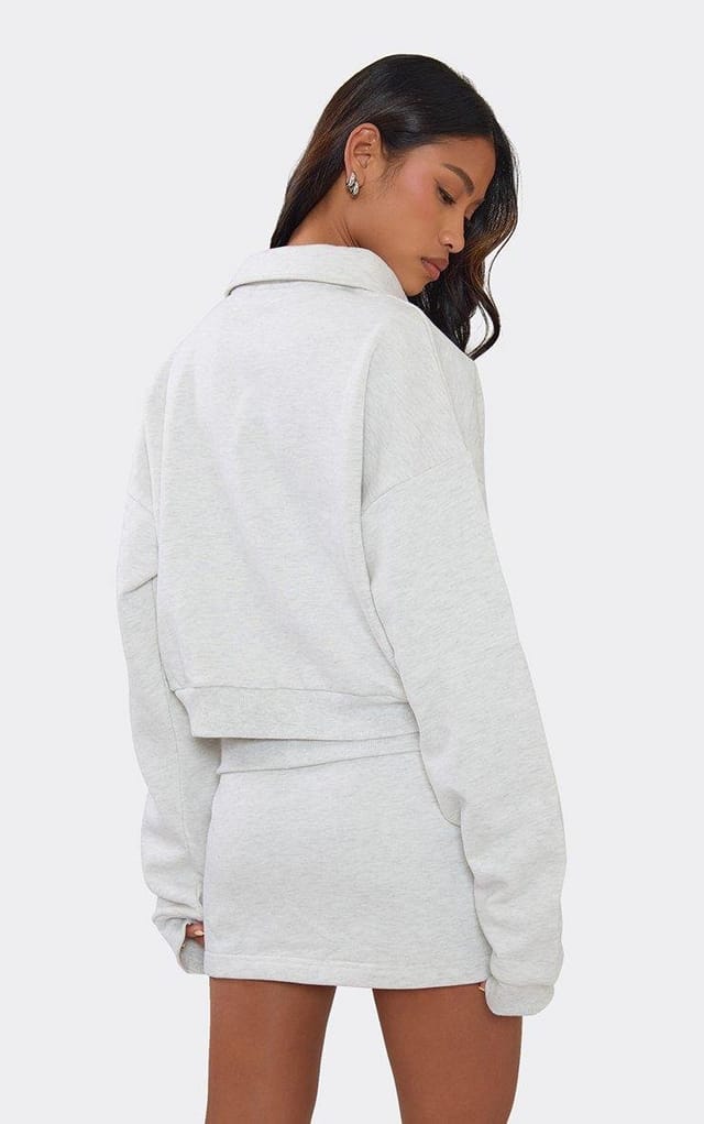 EGO Long Sleeve Boxy Polo Sweatshirt In Light Grey Marl, Women's Size UK 6 - 2
