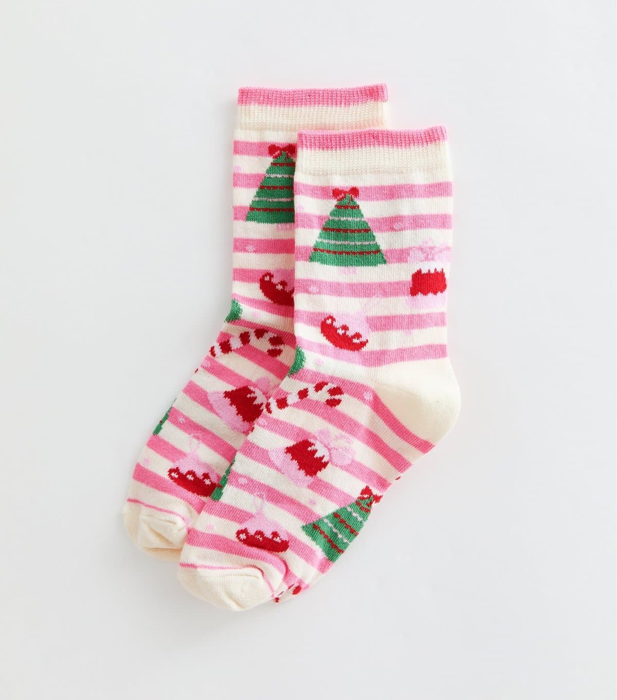 New Look Pink Cotton Rich Striped Christmas Patterned Ankle Socks New Look