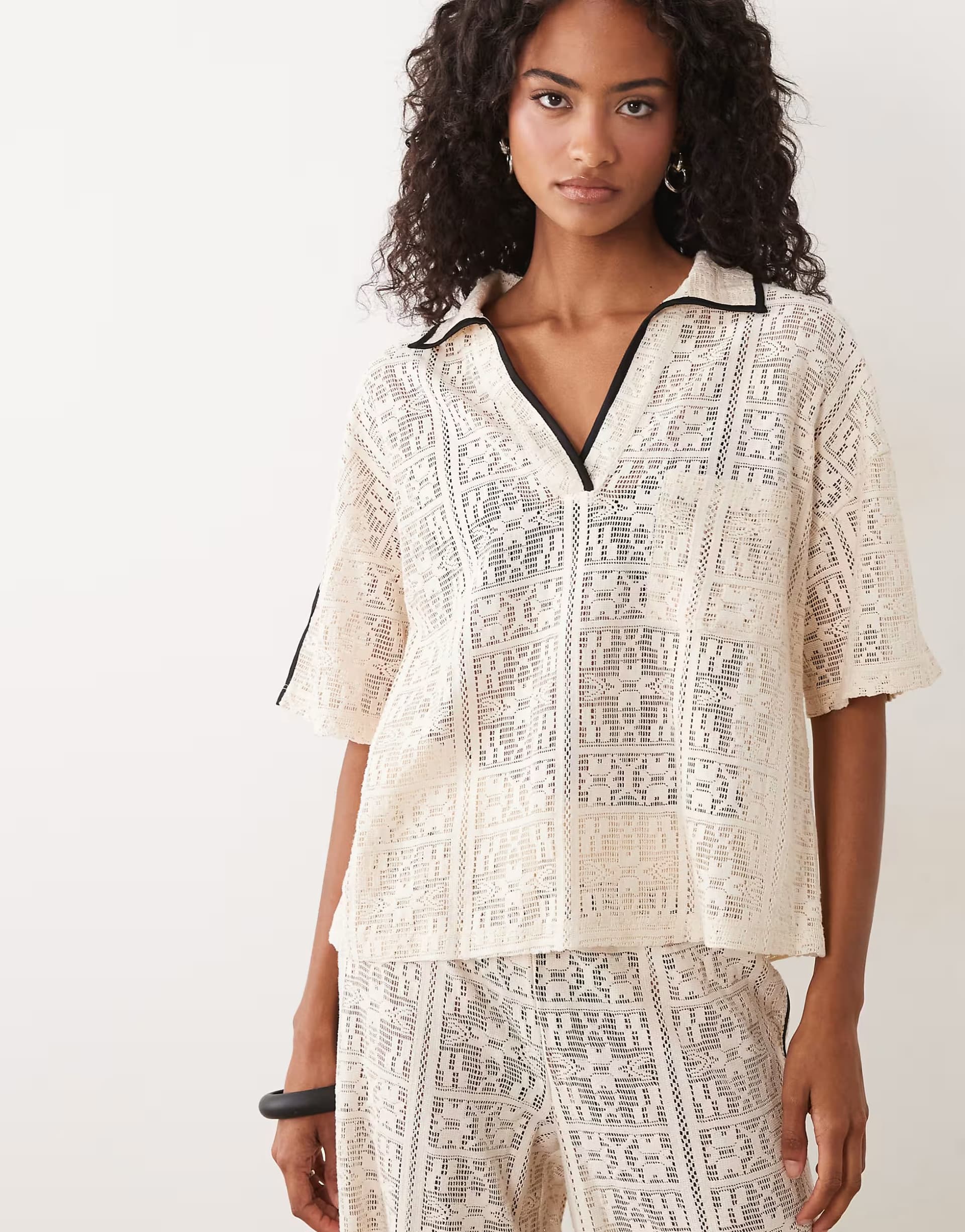 ASOS ASOS DESIGN jersey crochet oversized polo co-ord in cream