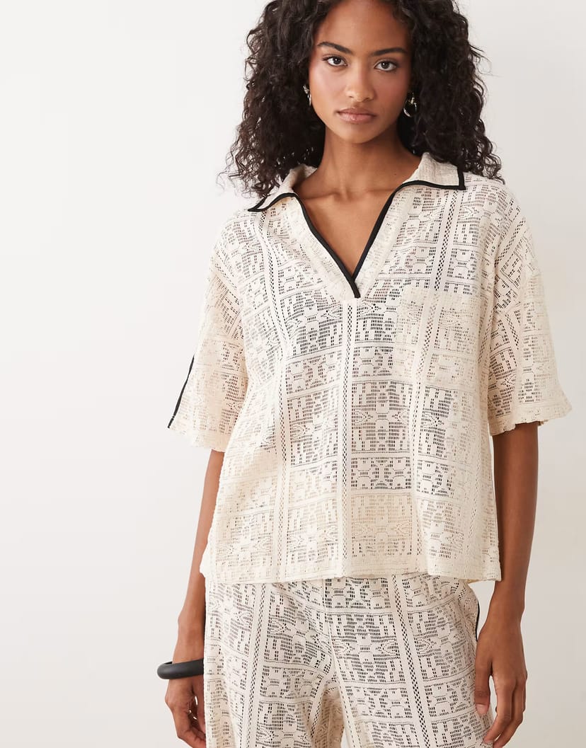 ASOS ASOS DESIGN jersey crochet oversized polo co-ord in cream - 1