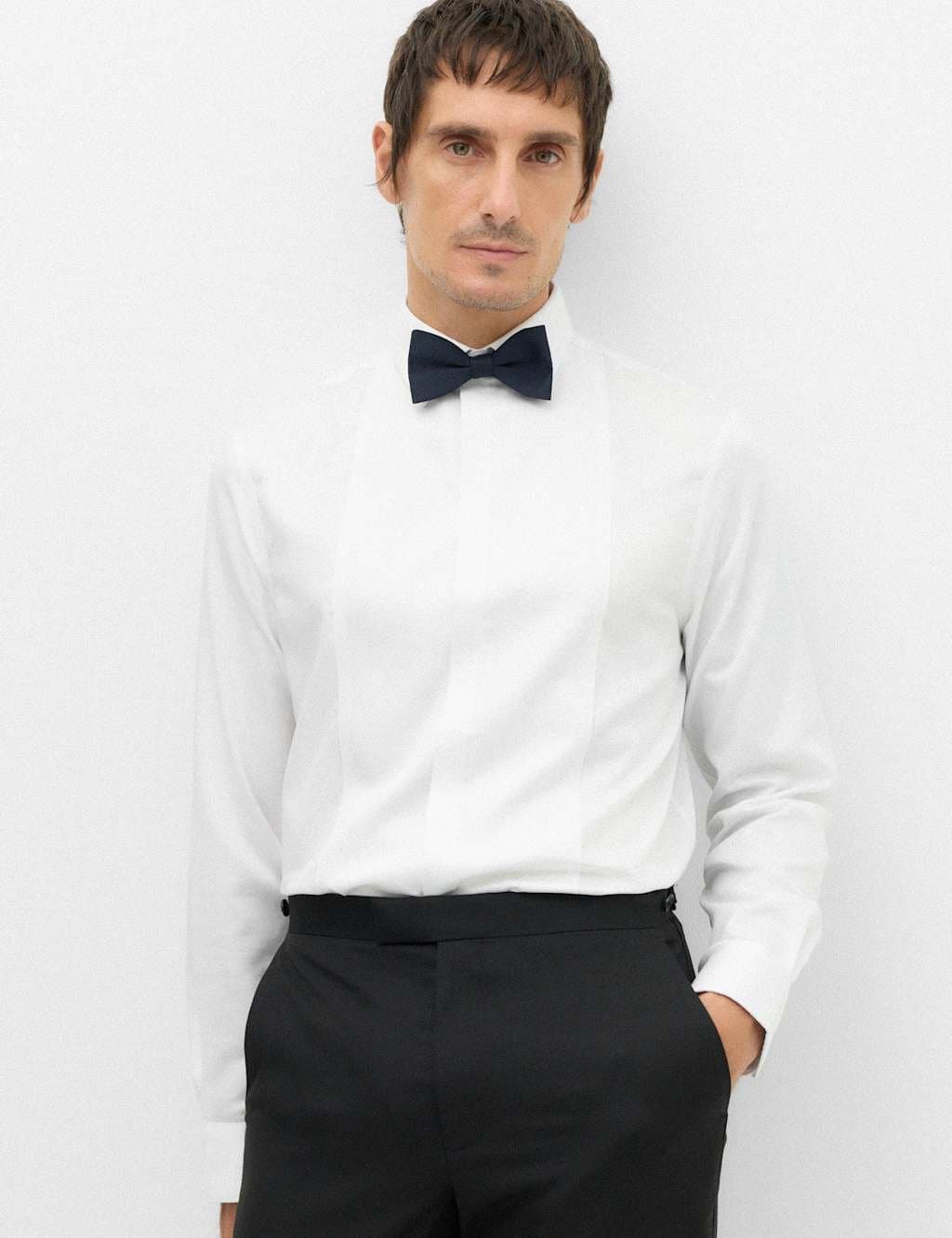 Marks & Spencer M&S Slim Fit Cotton Dress Shirt with Bow Tie White