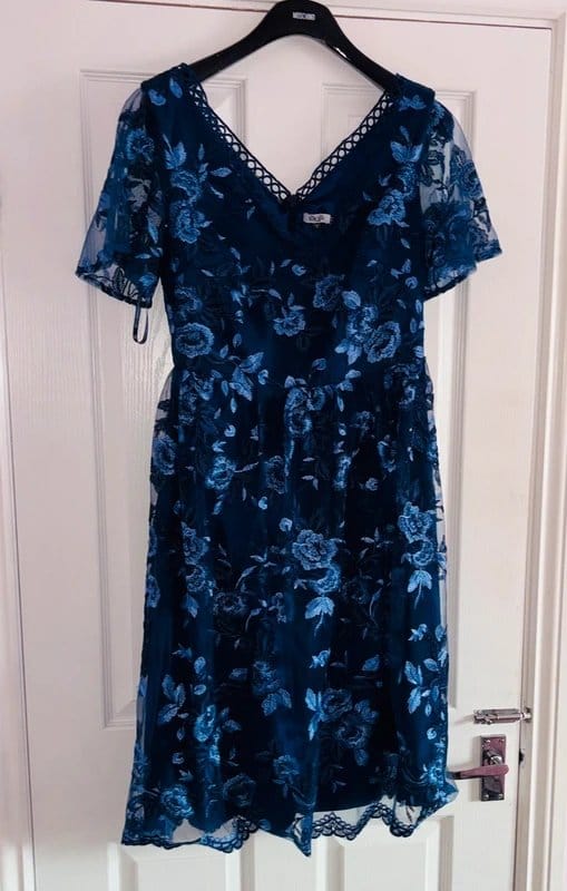 Chi Chi London Navy Floral Lace Prom Dress - Size 10