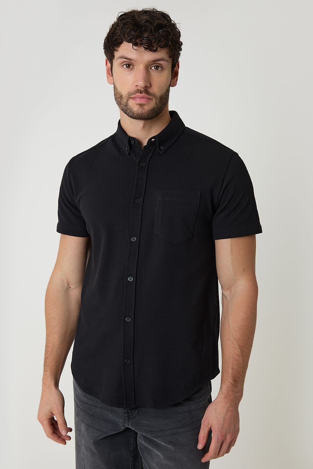 Threadbare Threadbare Men's Cotton Pique Short Sleeve Shirt in Black - 1