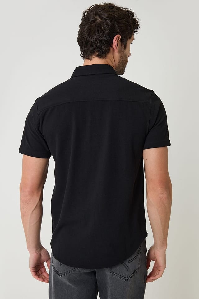 Threadbare Threadbare Men's Cotton Pique Short Sleeve Shirt in Black - 2