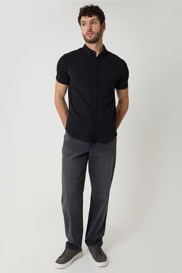 Threadbare Threadbare Men's Cotton Pique Short Sleeve Shirt in Black - 3