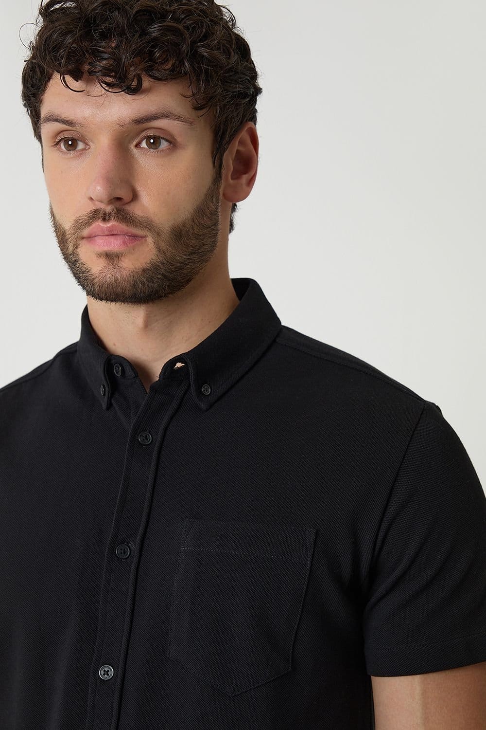 Threadbare Threadbare Men's Cotton Pique Short Sleeve Shirt in Black - 4