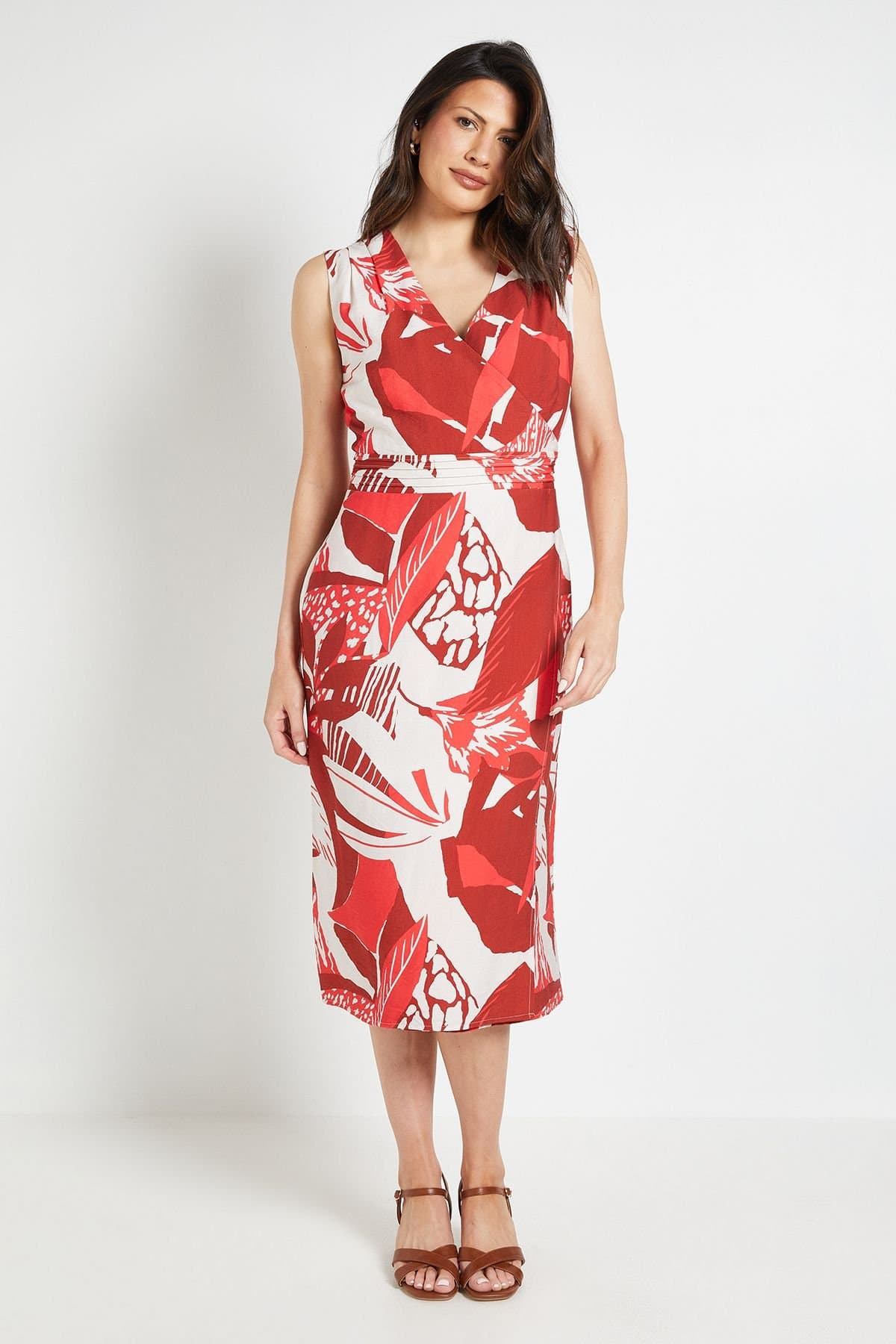 Wallis Wallis Women's Tropical Print Wrap Midi Dress in Red