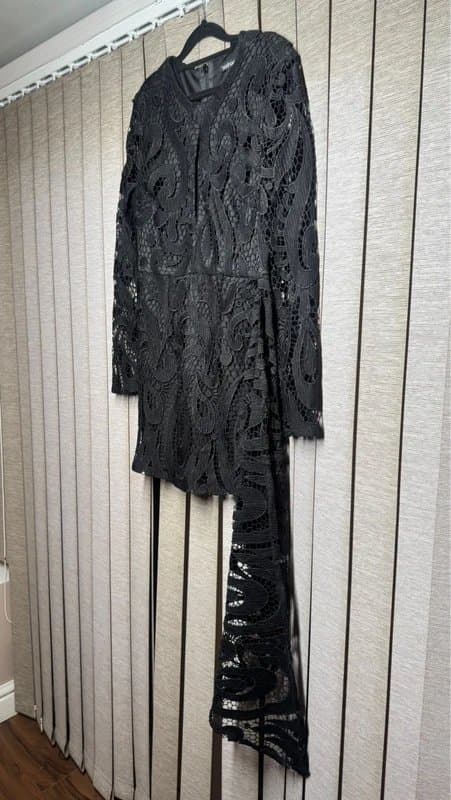 Boohoo Boohoo black lace asymmetric mini dress UK 12 long sleeve statement dress
