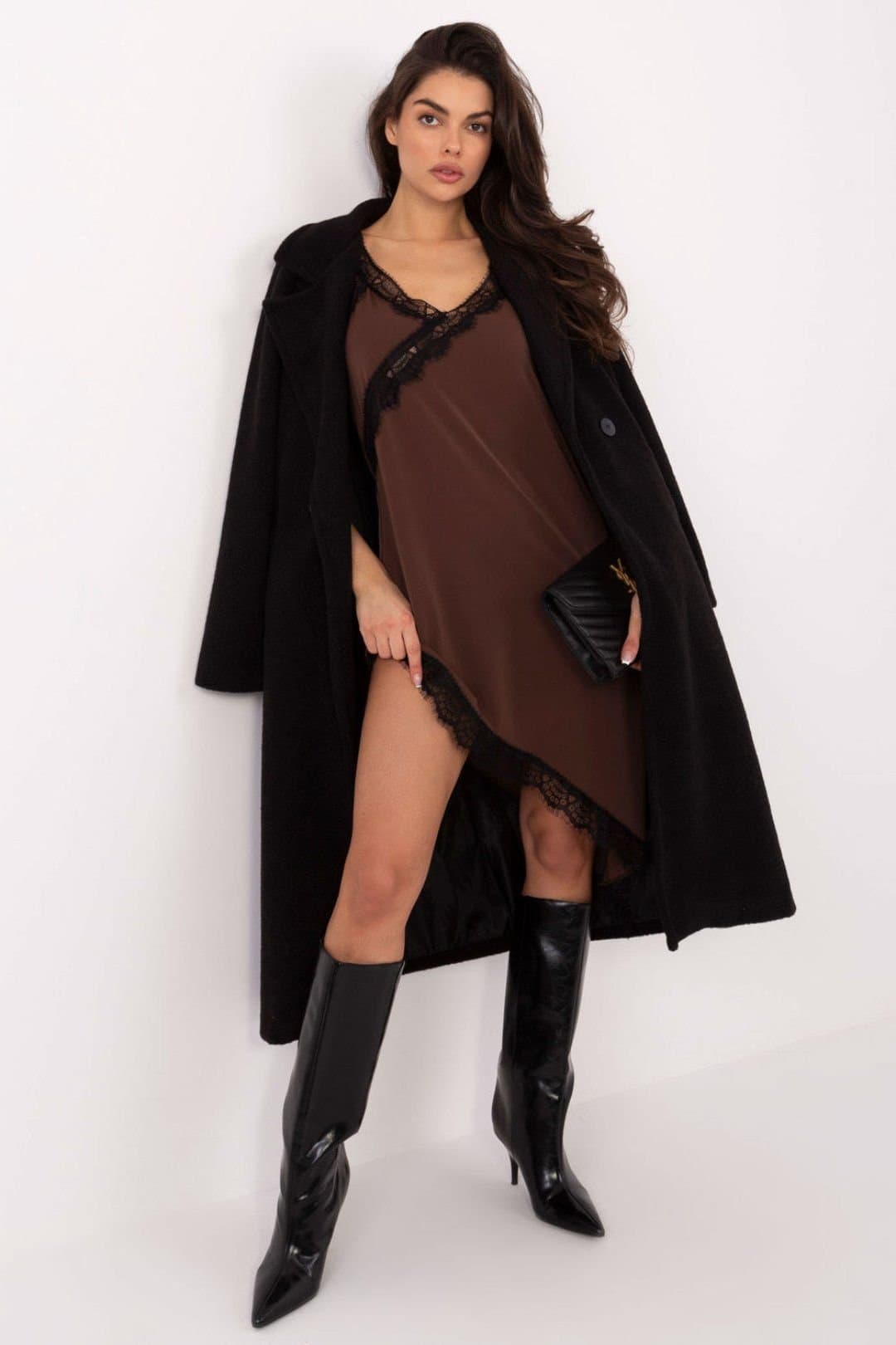 Love Lace Love Lace Women's Italian Asymmetrical Midi Cocktail Dress Style 223190 in Brown