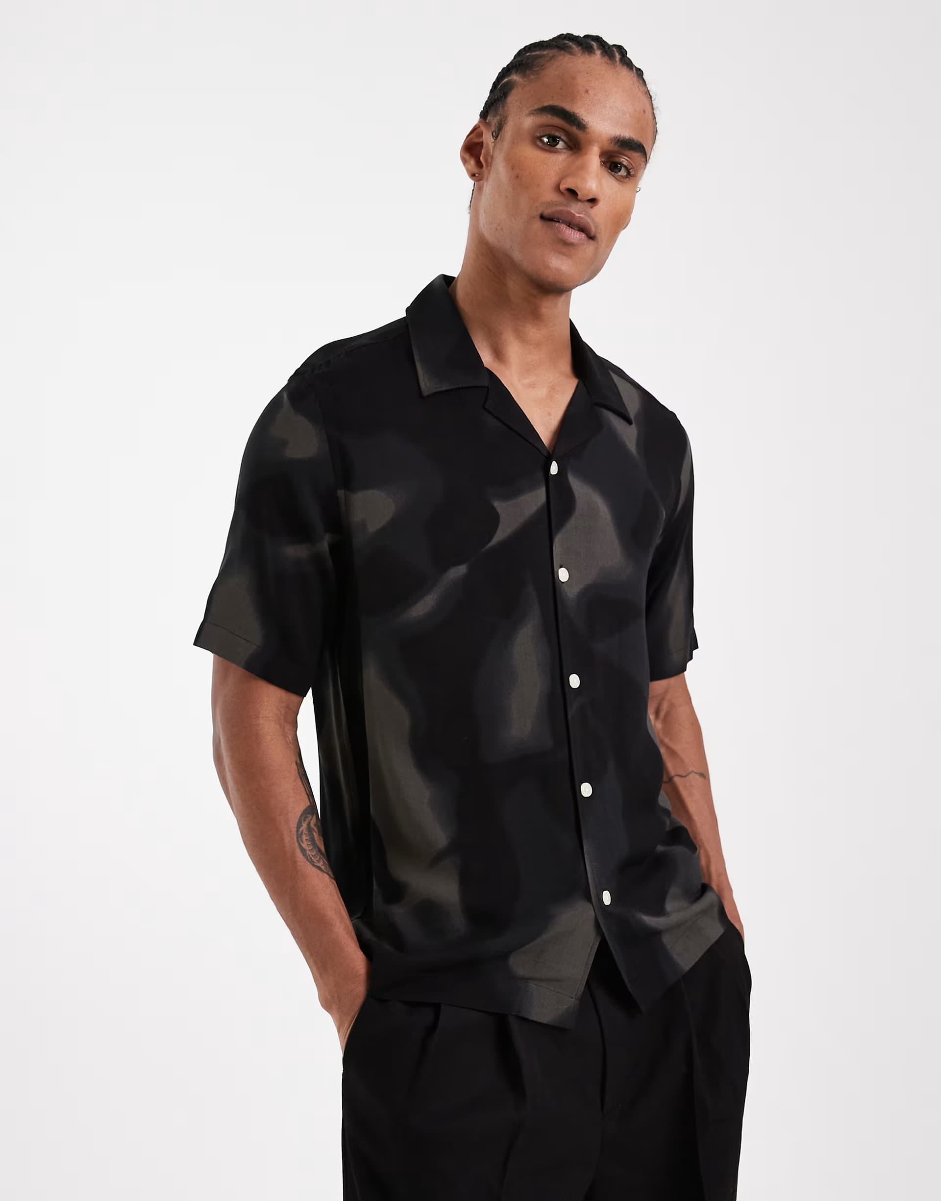 ASOS ONLY & SONS washed print revere collar shirt in black