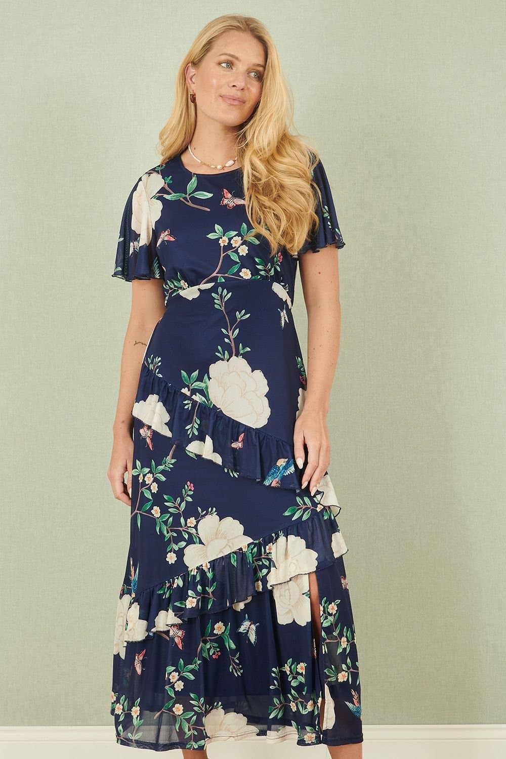 Yumi Yumi Women's Navy Mesh Bird & Floral Print Midi Dress With Ruffles
