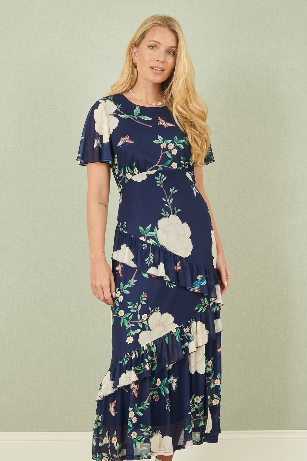 Yumi Yumi Women's Navy Mesh Bird & Floral Print Midi Dress With Ruffles - 2