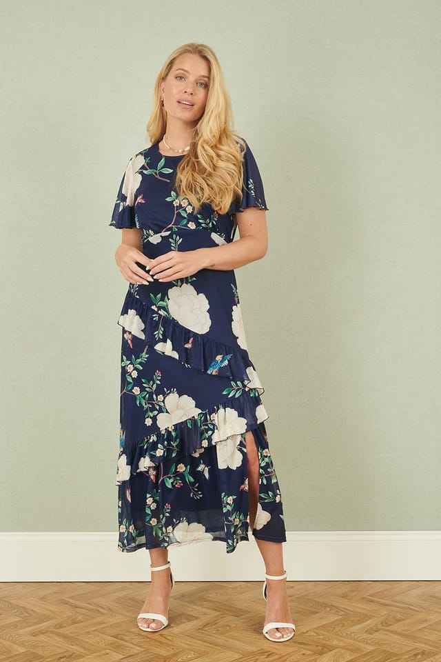 Yumi Yumi Women's Navy Mesh Bird & Floral Print Midi Dress With Ruffles - 3