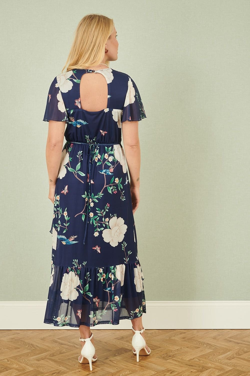 Yumi Yumi Women's Navy Mesh Bird & Floral Print Midi Dress With Ruffles - 4