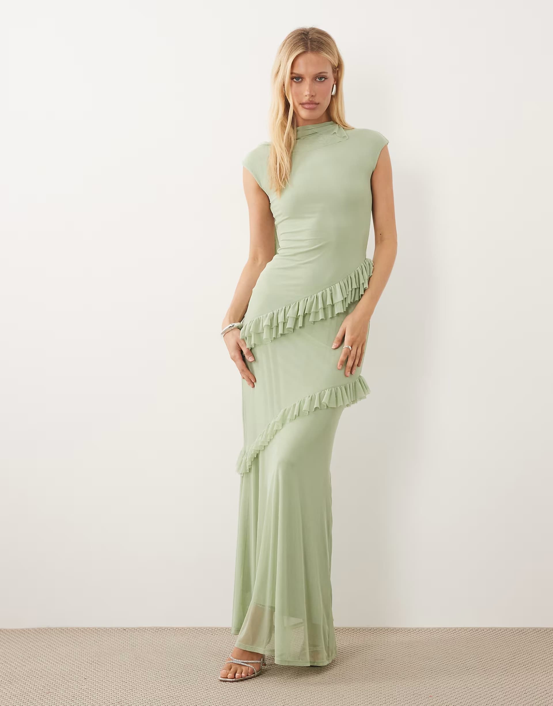 ASOS ASOS DESIGN  mesh frill scarf maxi dress with cap sleeve in sage