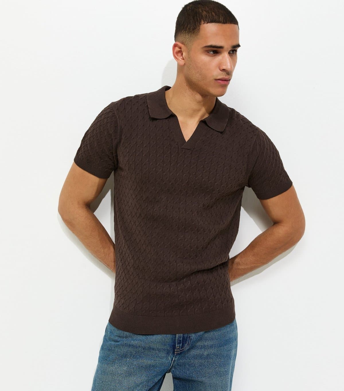 New Look Men's Brown Regular Cable Knit Short Sleeve Top New Look
