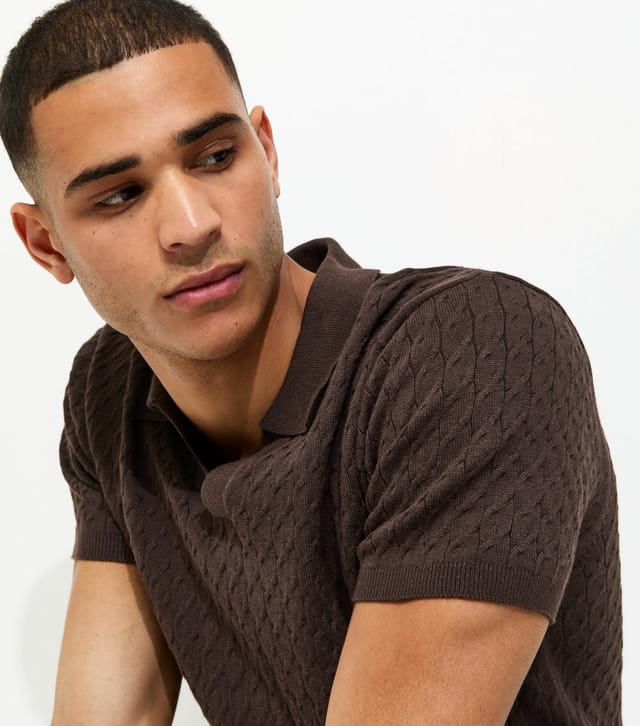 New Look Men's Brown Regular Cable Knit Short Sleeve Top New Look - 2
