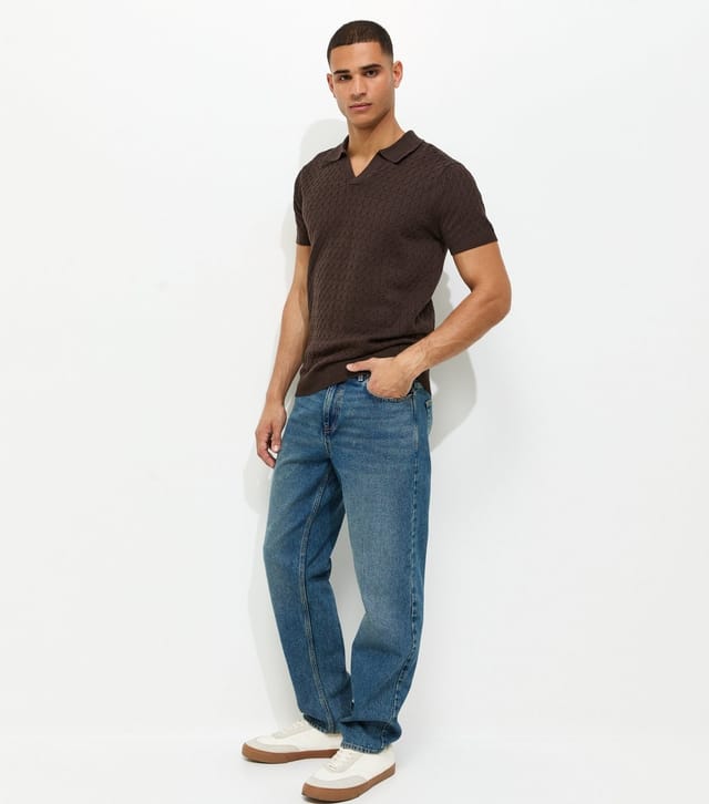 New Look Men's Brown Regular Cable Knit Short Sleeve Top New Look - 3