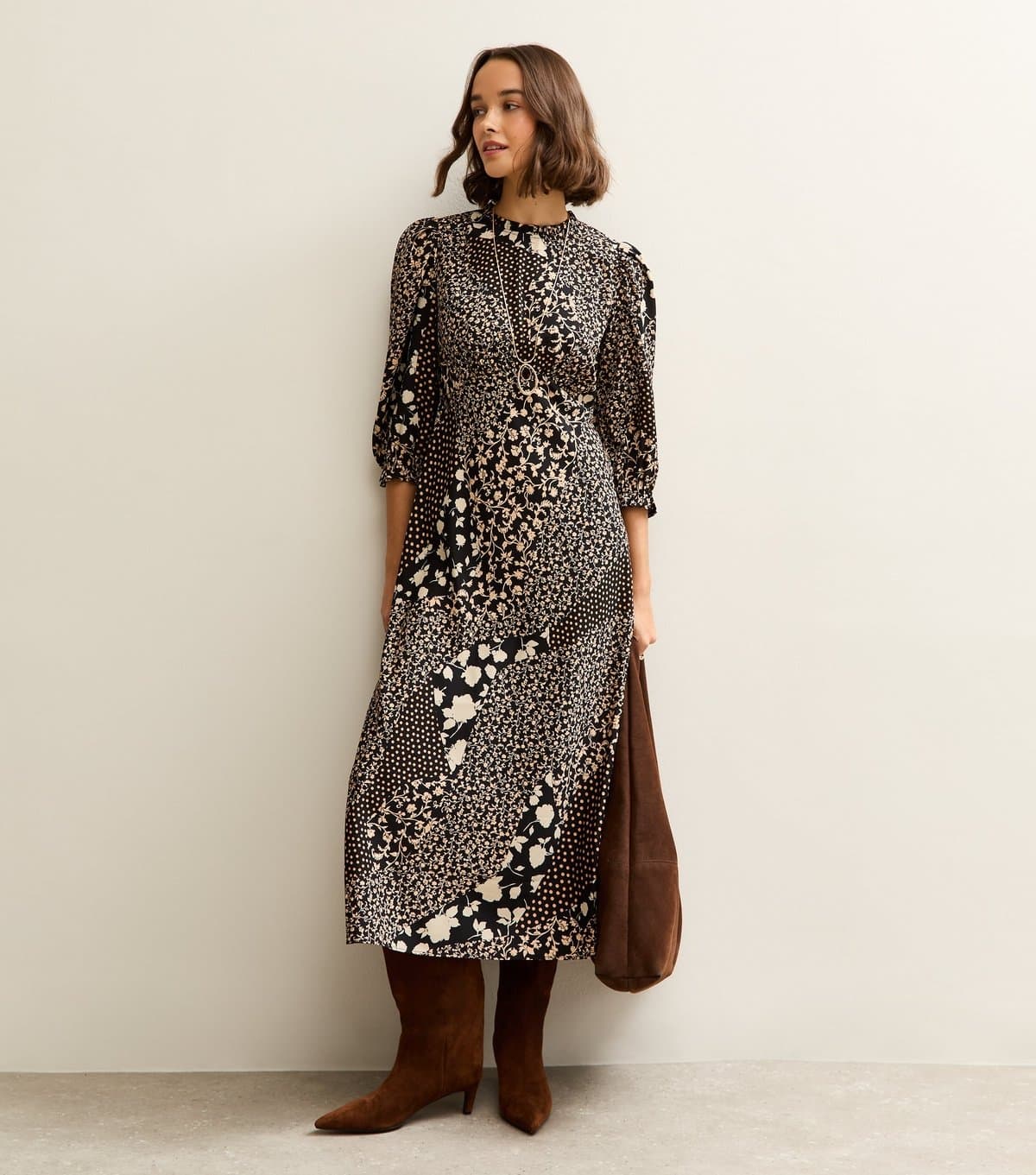 New Look Women's Black Floral Patchwork Print Puff Sleeve Midi Dress New Look