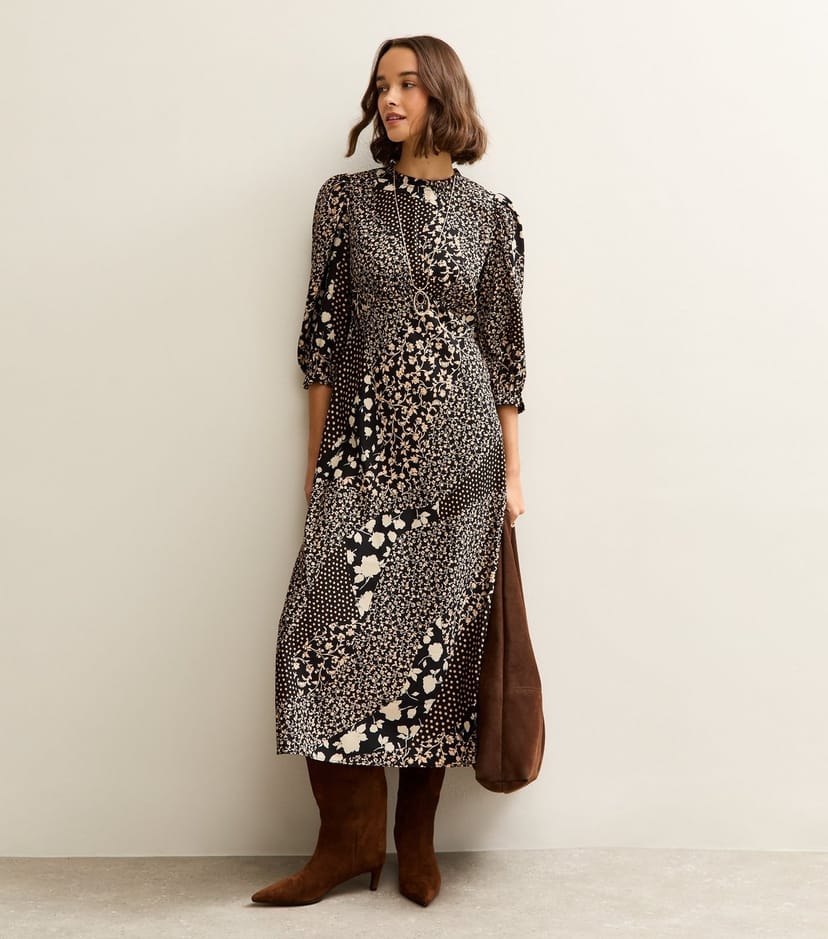 New Look Women's Black Floral Patchwork Print Puff Sleeve Midi Dress New Look - 1