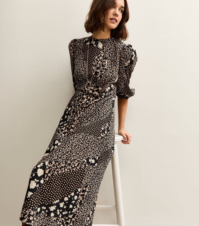 New Look Women's Black Floral Patchwork Print Puff Sleeve Midi Dress New Look - 3