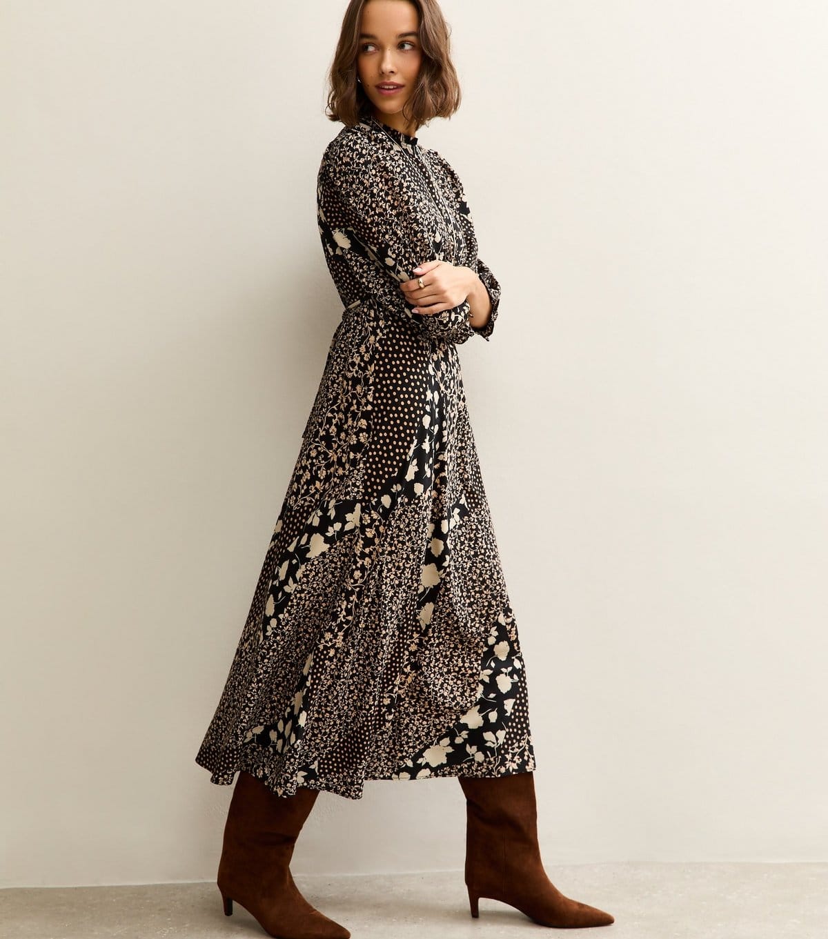 New Look Women's Black Floral Patchwork Print Puff Sleeve Midi Dress New Look - 4
