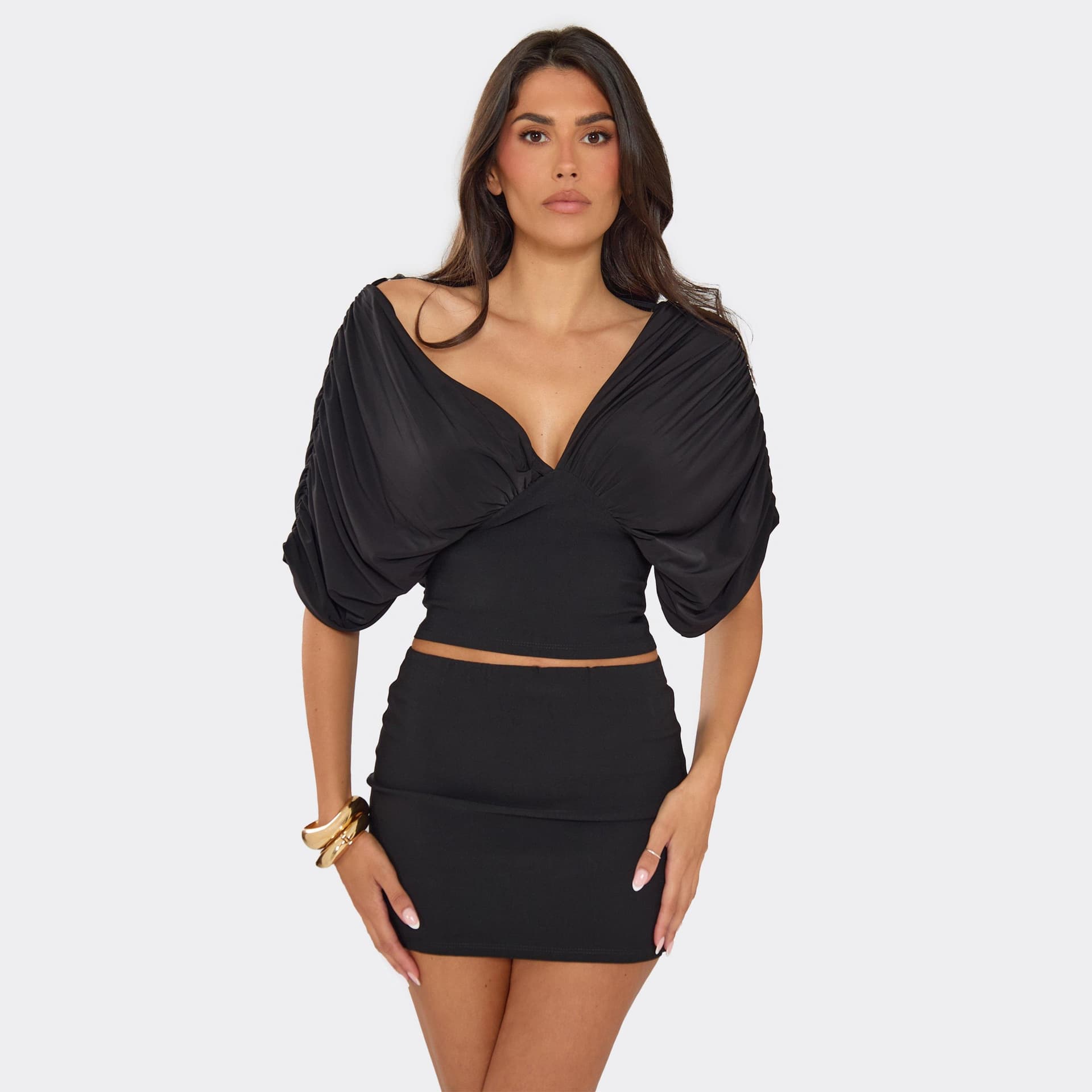 EGO Plunge Ruched Low Back Top In Black, Women's Size UK 6