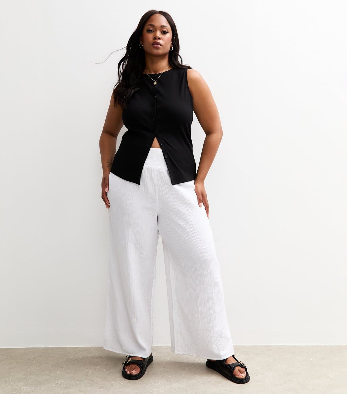 New Look Women's Plus Size White Shirred Waist Wide Leg Trousers Curves New Look
