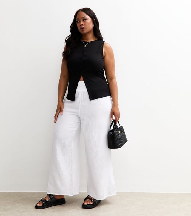 New Look Women's Plus Size White Shirred Waist Wide Leg Trousers Curves New Look - 3