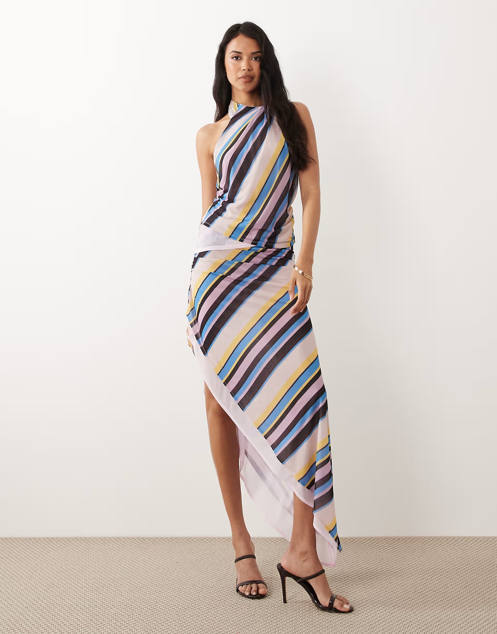 ASOS ASOS DESIGN co-ord printed stretch chiffon tie neck top in stripe 