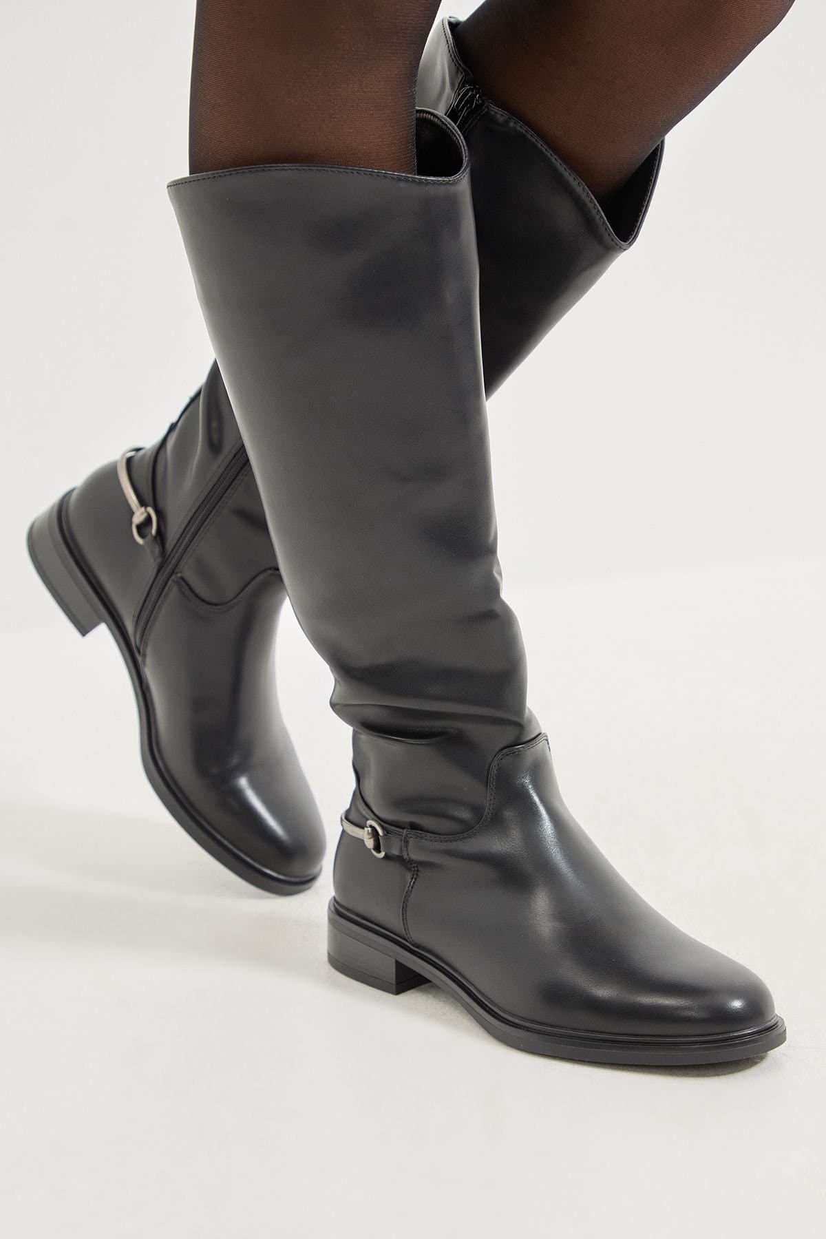 Wallis Wallis Black Faux Leather Riding Boots with Stirrup Detail