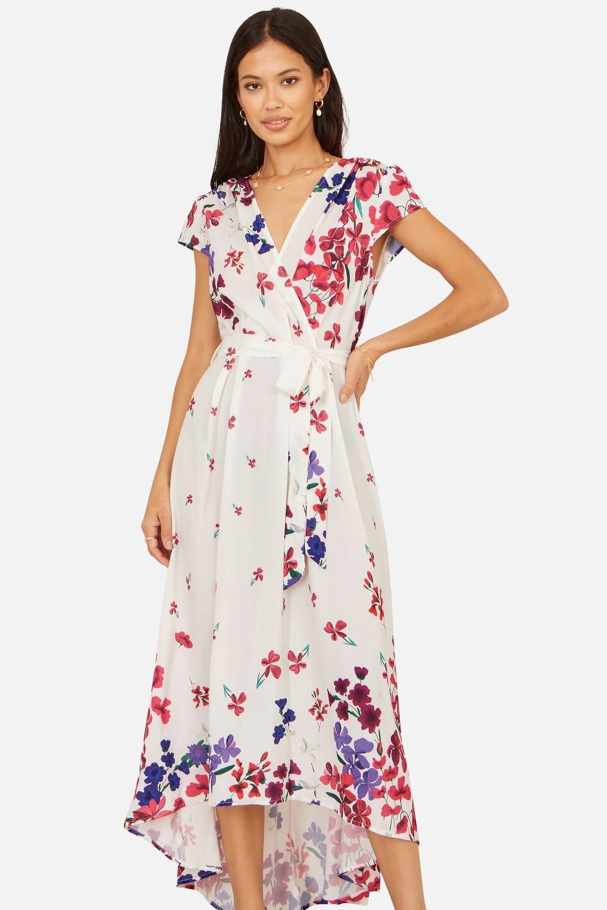 Yumi Yumi Women's Floral Mirror Wrap Dress With Dip Hem in White