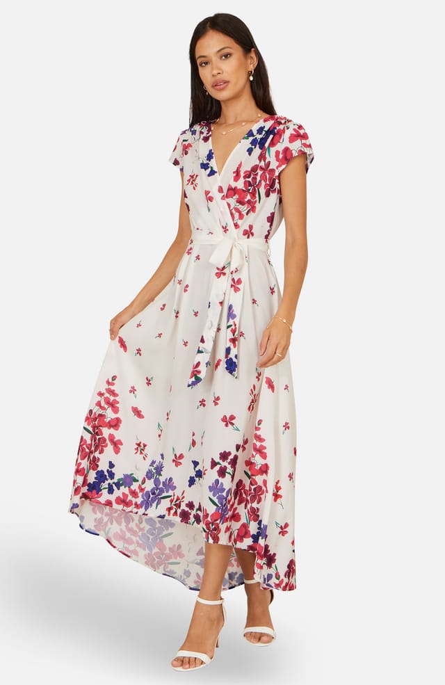 Yumi Yumi Women's Floral Mirror Wrap Dress With Dip Hem in White - 2